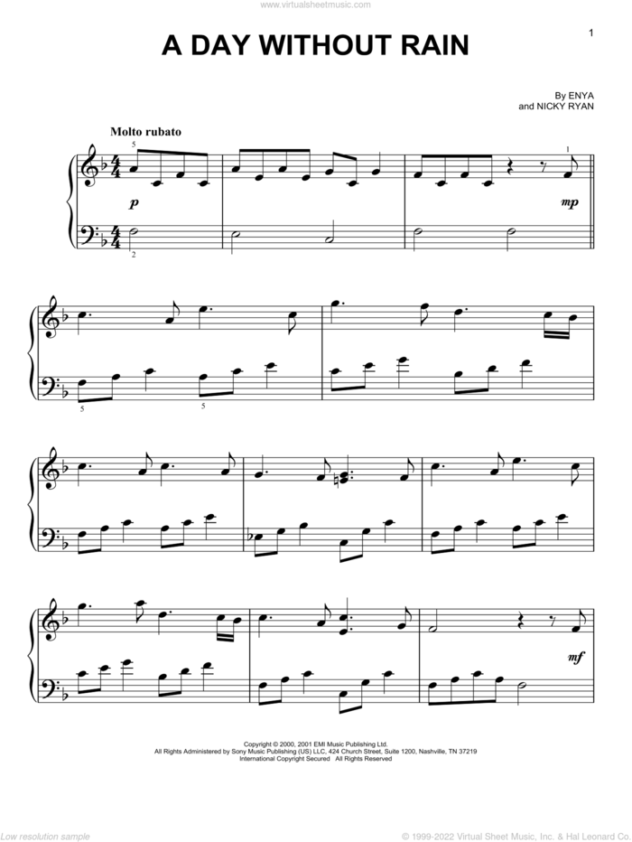 A Day Without Rain, (easy) sheet music for piano solo by Enya and Nicky Ryan, easy skill level