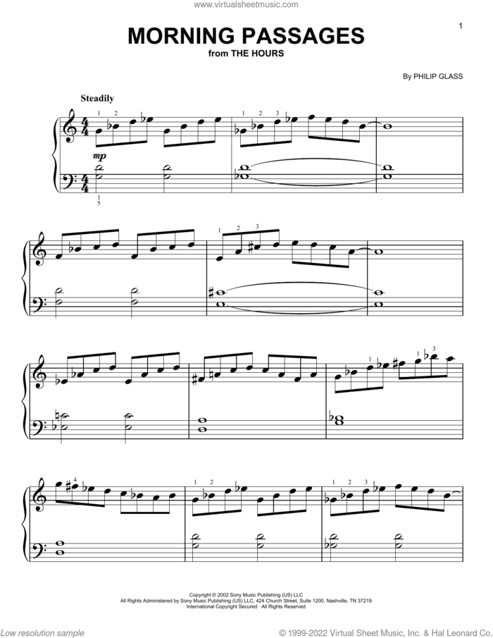 Morning Passages (from The Hours), (easy) sheet music for piano solo by Philip Glass, classical score, easy skill level
