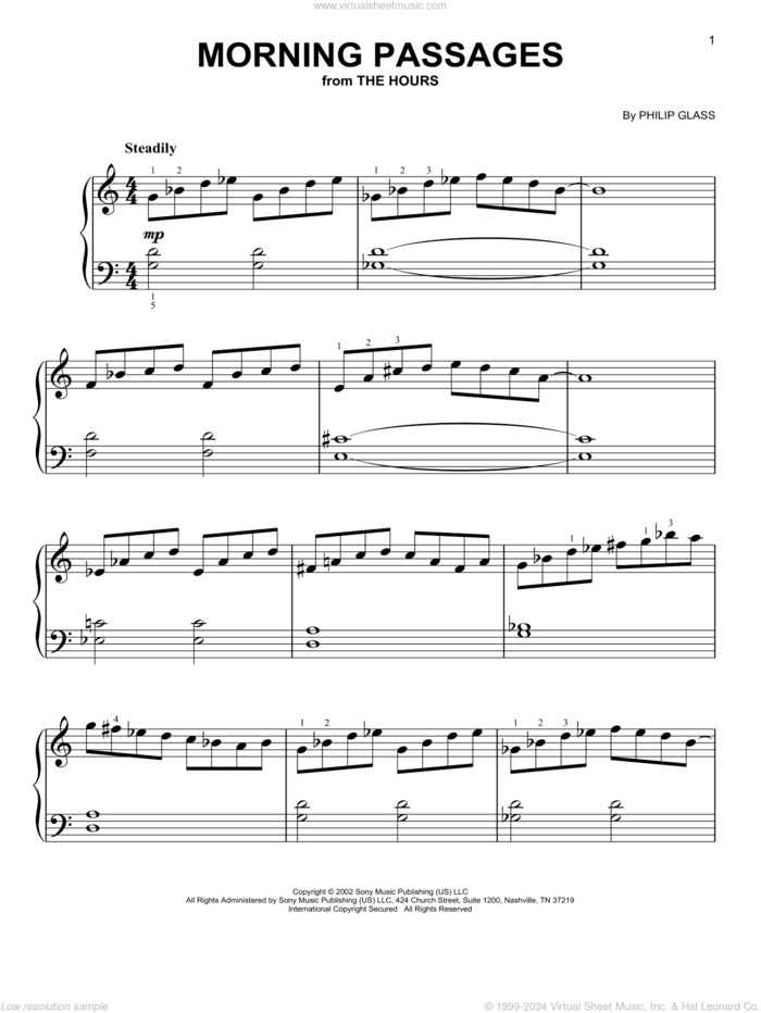 Morning Passages (from The Hours), (easy) sheet music for piano solo by Philip Glass, classical score, easy skill level