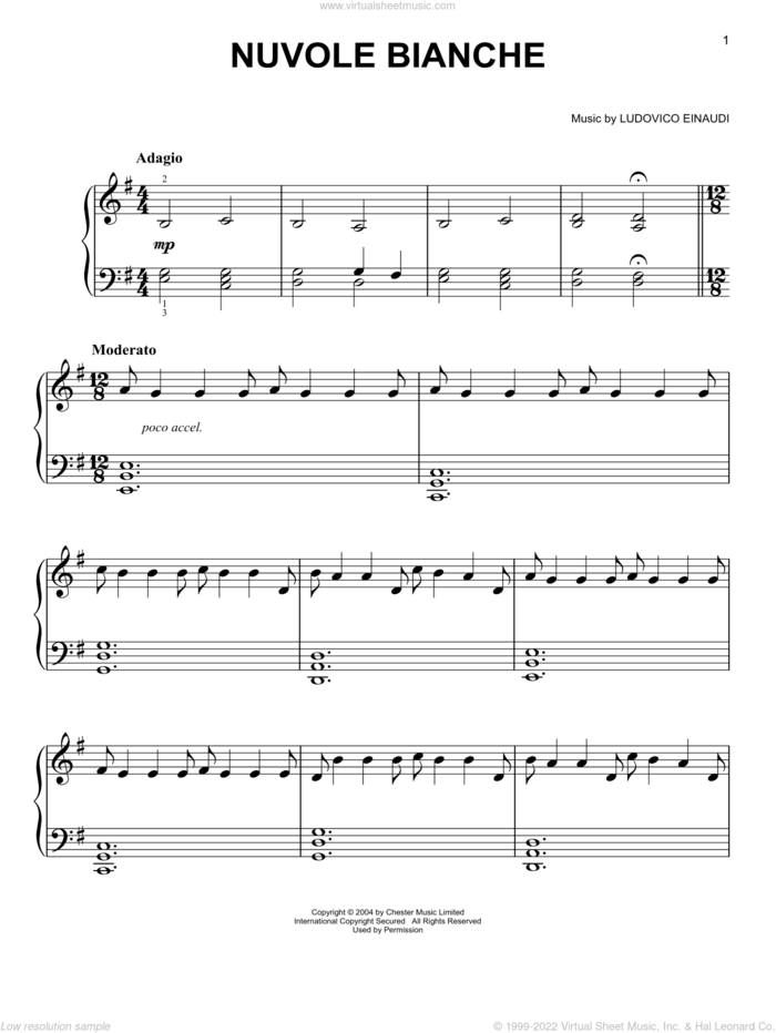 Nuvole Bianche, (easy) sheet music for piano solo by Ludovico Einaudi, classical score, easy skill level