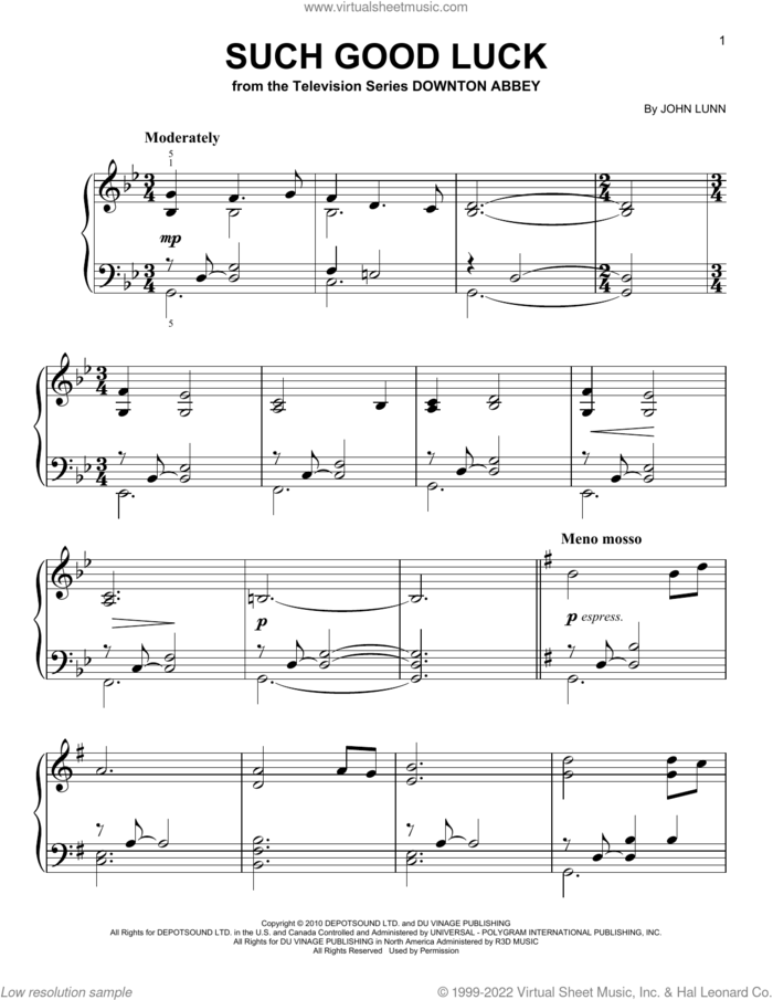 Such Good Luck (from Downton Abbey), (easy) sheet music for piano solo by John Lunn, easy skill level