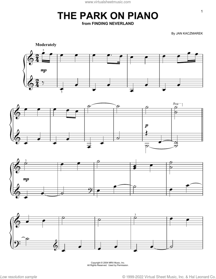 The Park On Piano (from Finding Neverland), (easy) sheet music for piano solo by Jan A.P. Kaczmarek, easy skill level