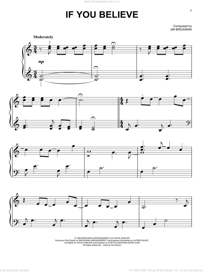 If You Believe sheet music for piano solo by Jim Brickman, easy skill level