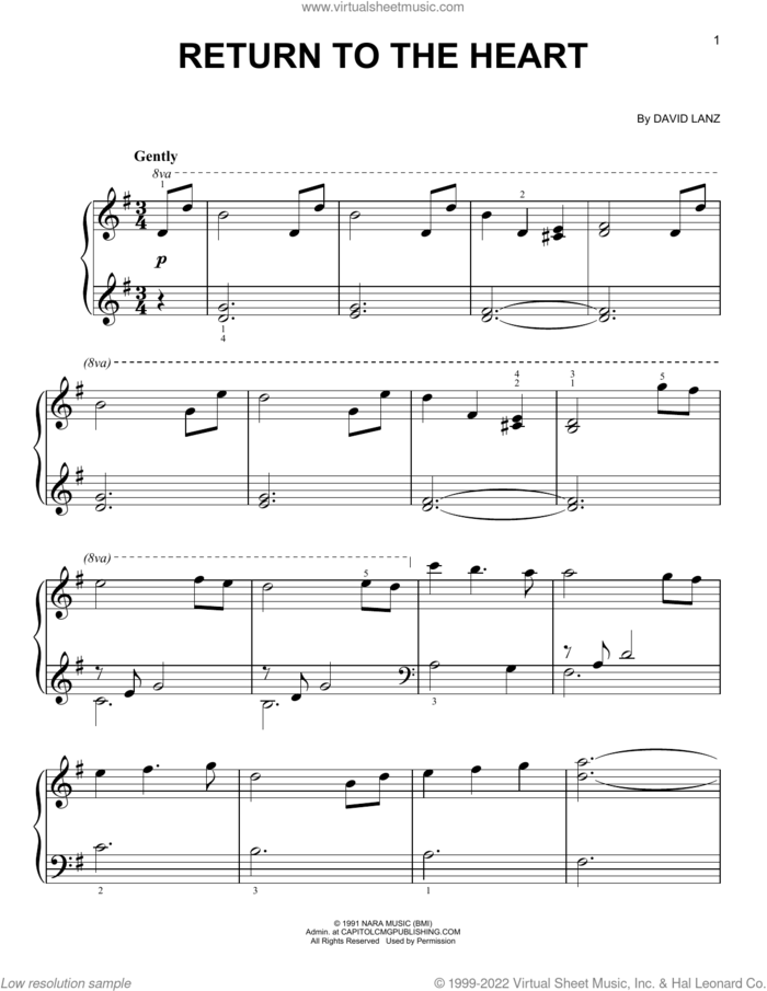 Return To The Heart, (easy) sheet music for piano solo by David Lanz, easy skill level
