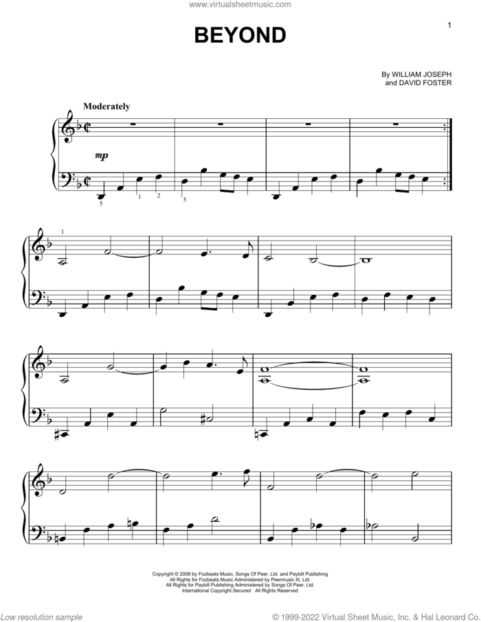 Beyond, (easy) sheet music for piano solo by William Joseph and David Foster, easy skill level
