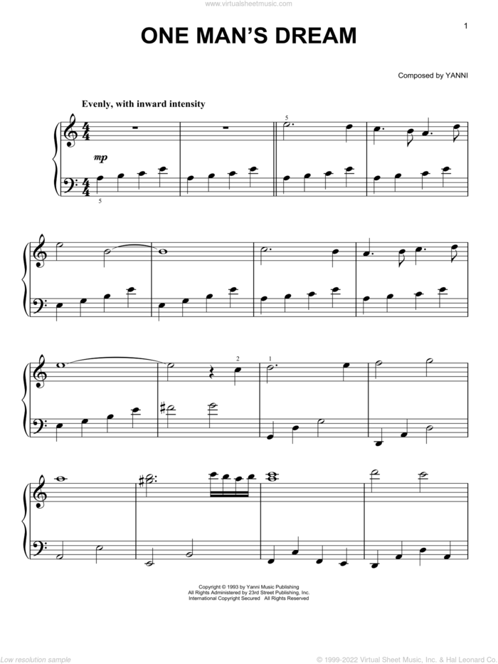 One Man's Dream sheet music for piano solo by Yanni, easy skill level