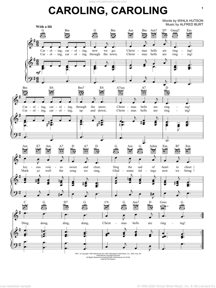 Caroling, Caroling sheet music for voice, piano or guitar by Nat King Cole, Alfred Burt and Wihla Hutson, intermediate skill level