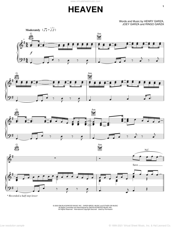 Heaven sheet music for voice, piano or guitar by Los Lonely Boys, Henry Garza, Joey Garza and Ringo Garza, intermediate skill level