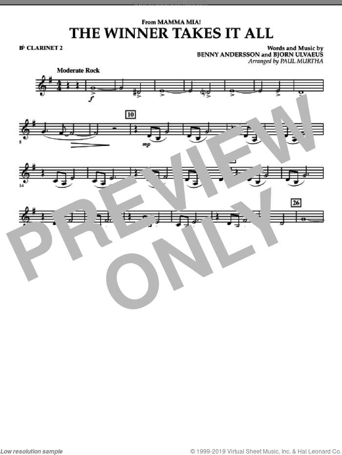 The Winner Takes It All (from 'Mamma Mia!', the motion picture sheet music for concert band (Bb clarinet 2) by Benny Andersson, Bjorn Ulvaeus, Miscellaneous, ABBA and Paul Murtha, intermediate skill level
