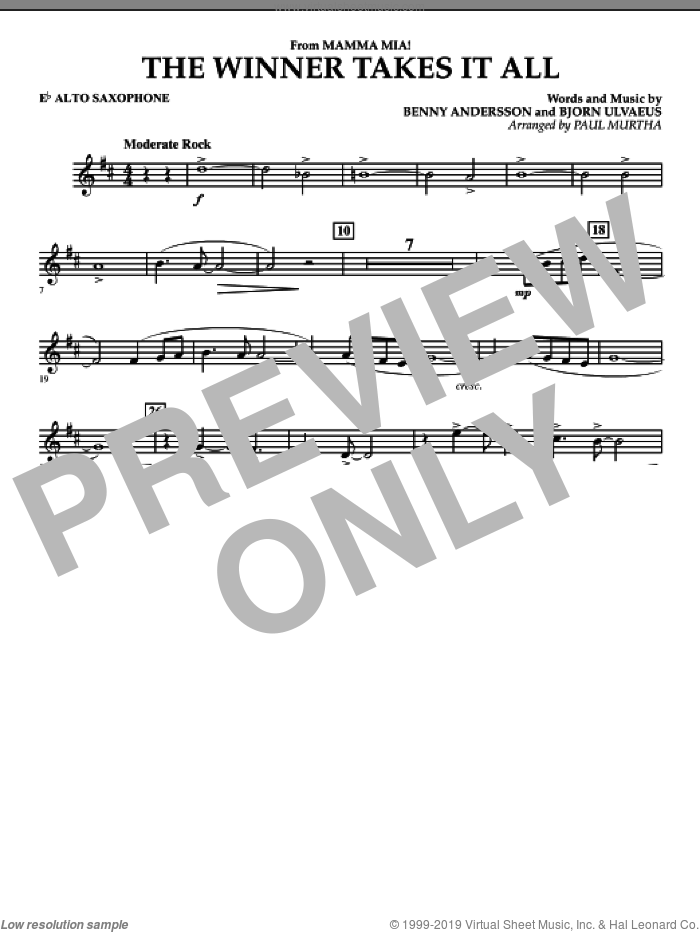 The Winner Takes It All (from 'Mamma Mia!', the motion picture sheet music for concert band (Eb alto saxophone) by Benny Andersson, Bjorn Ulvaeus, Miscellaneous, ABBA and Paul Murtha, intermediate skill level