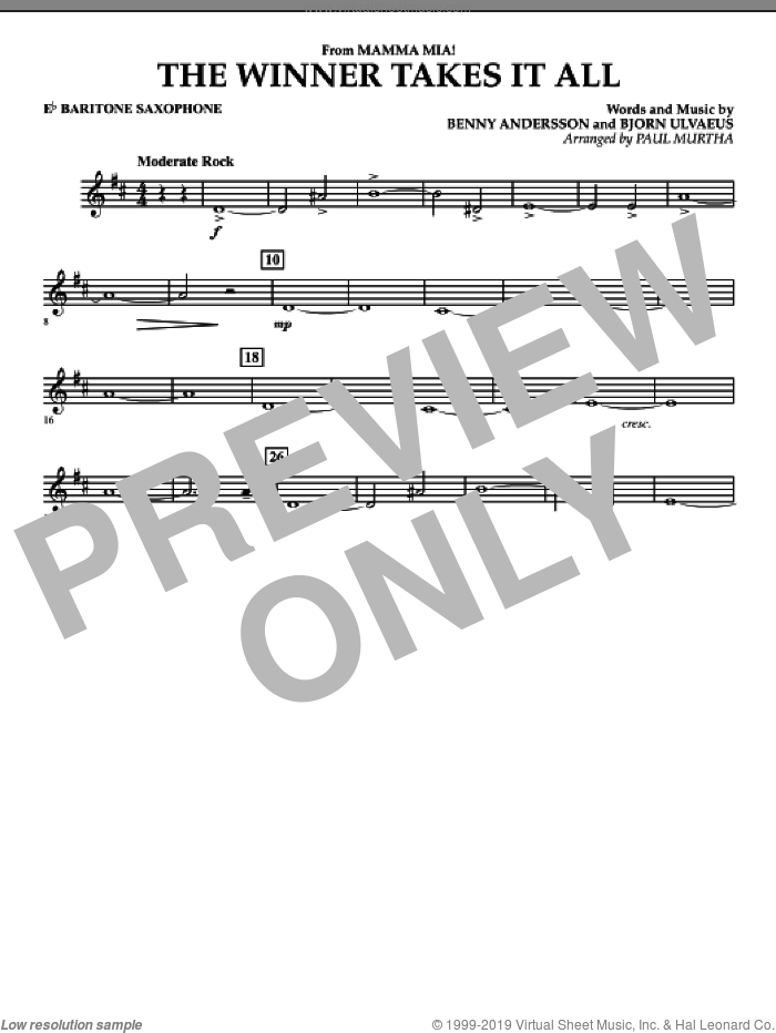The Winner Takes It All (from 'Mamma Mia!', the motion picture sheet music for concert band (Eb baritone saxophone) by Benny Andersson, Bjorn Ulvaeus, Miscellaneous, ABBA and Paul Murtha, intermediate skill level