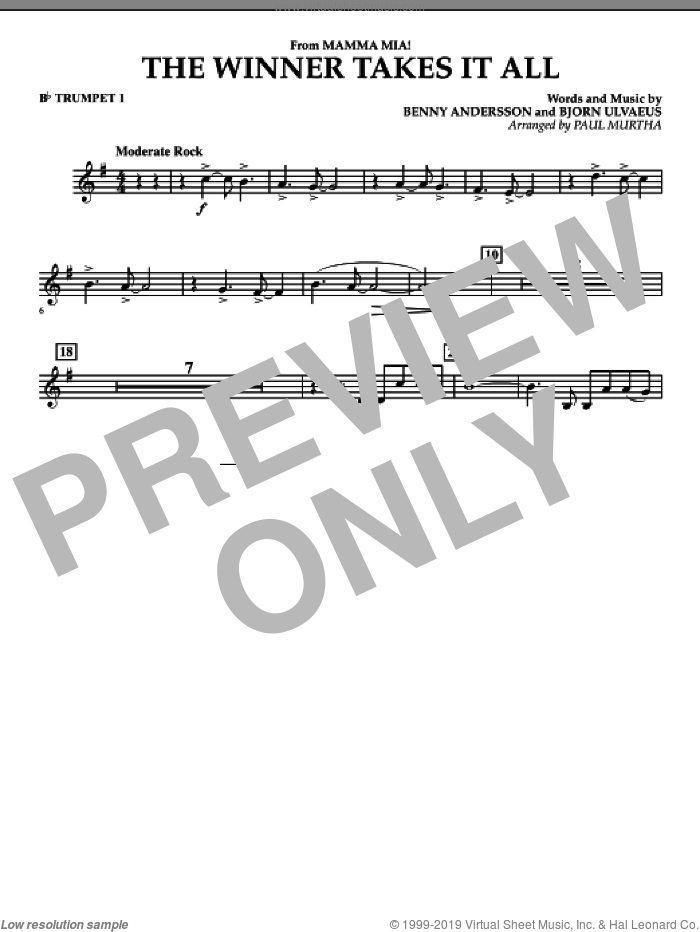 The Winner Takes It All (from 'Mamma Mia!', the motion picture sheet music for concert band (Bb trumpet 1) by Benny Andersson, Bjorn Ulvaeus, Miscellaneous, ABBA and Paul Murtha, intermediate skill level