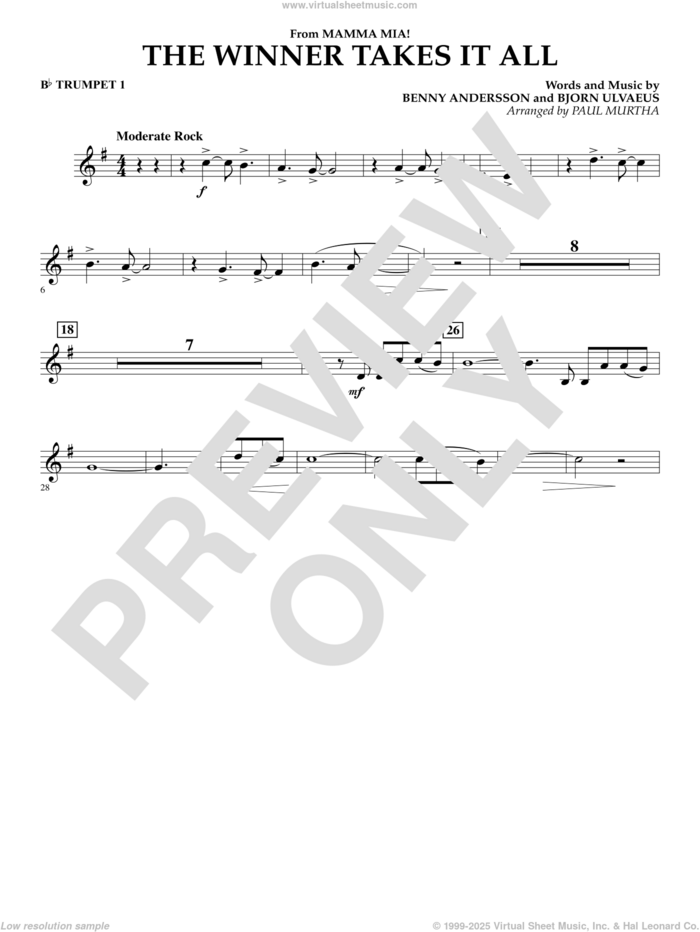 The Winner Takes It All (from 'Mamma Mia!', the motion picture sheet music for concert band (Bb trumpet 1) by Benny Andersson, Bjorn Ulvaeus, Miscellaneous, ABBA and Paul Murtha, intermediate skill level