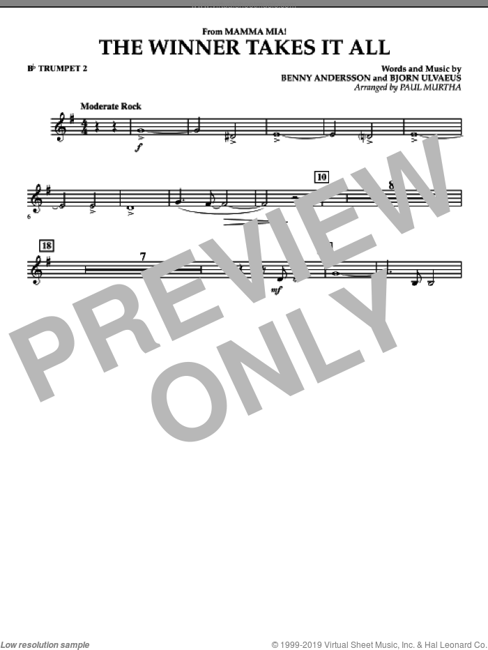 The Winner Takes It All (from 'Mamma Mia!', the motion picture sheet music for concert band (Bb trumpet 2) by Benny Andersson, Bjorn Ulvaeus, Miscellaneous, ABBA and Paul Murtha, intermediate skill level