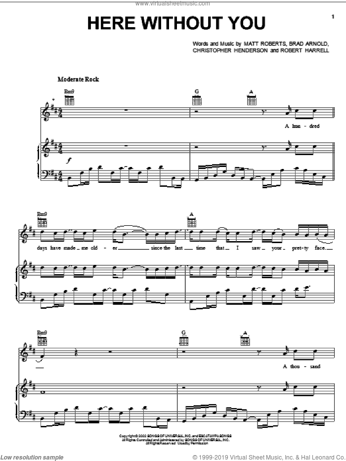 Here Without You sheet music for voice, piano or guitar by 3 Doors Down, Brad Arnold, Christopher Henderson, Matt Roberts and Todd Harrell, intermediate skill level