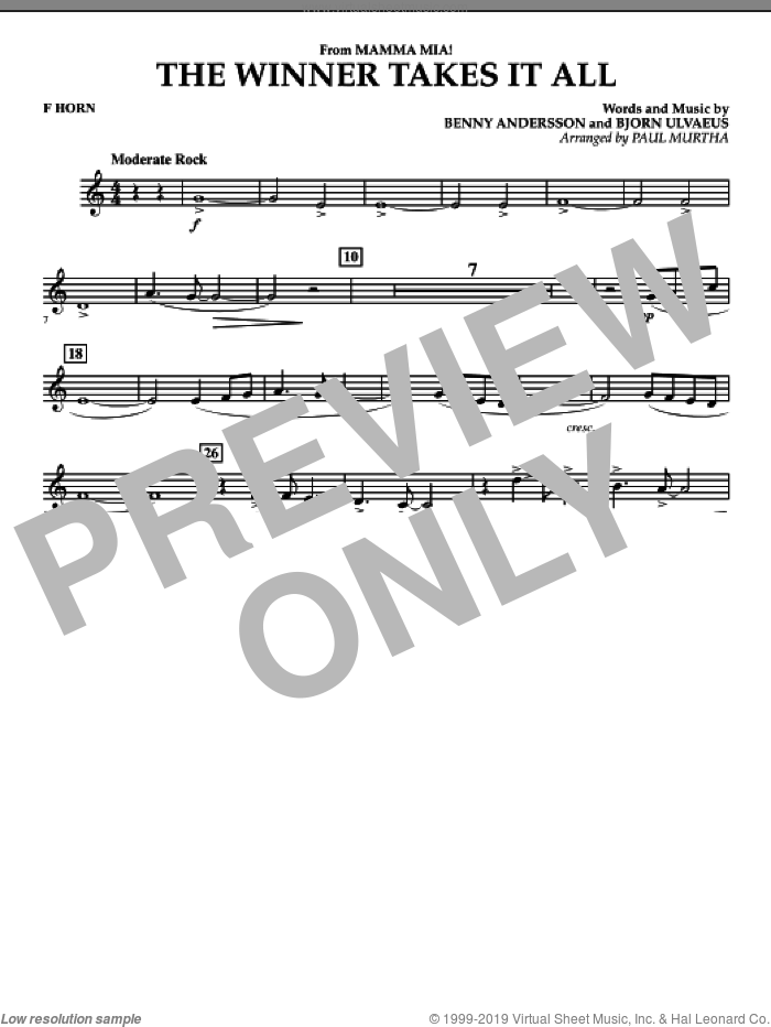 The Winner Takes It All (from 'Mamma Mia!', the motion picture sheet music for concert band (f horn) by Benny Andersson, Bjorn Ulvaeus, Miscellaneous, ABBA and Paul Murtha, intermediate skill level