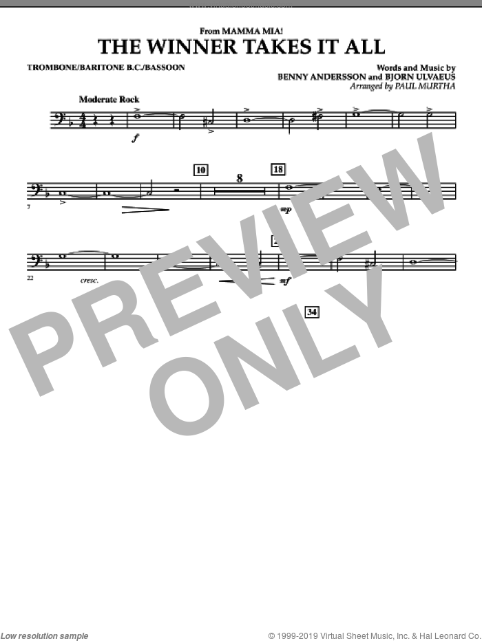 The Winner Takes It All (from 'Mamma Mia!', the motion picture sheet music for concert band (trombone/baritone b.c./bassoon) by Benny Andersson, Bjorn Ulvaeus, Miscellaneous, ABBA and Paul Murtha, intermediate skill level