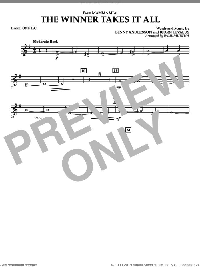 The Winner Takes It All (from 'Mamma Mia!', the motion picture sheet music for concert band (baritone t.c.) by Benny Andersson, Bjorn Ulvaeus, Miscellaneous, ABBA and Paul Murtha, intermediate skill level