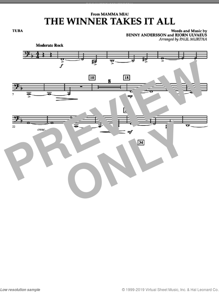 The Winner Takes It All (from 'Mamma Mia!', the motion picture sheet music for concert band (tuba) by Benny Andersson, Bjorn Ulvaeus, Miscellaneous, ABBA and Paul Murtha, intermediate skill level