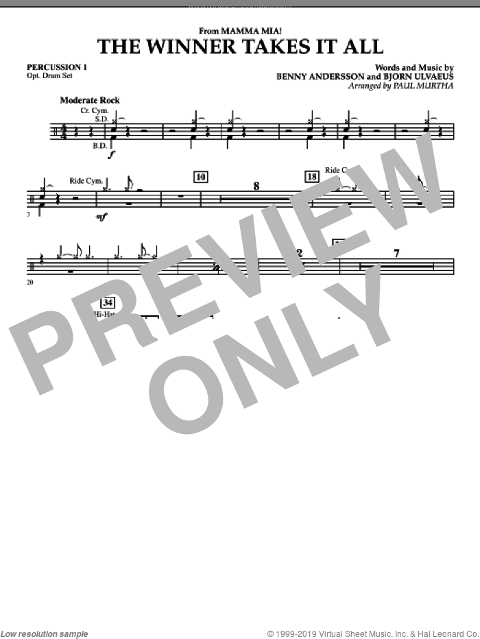 The Winner Takes It All (from 'Mamma Mia!', the motion picture sheet music for concert band (percussion 1) by Benny Andersson, Bjorn Ulvaeus, Miscellaneous, ABBA and Paul Murtha, intermediate skill level