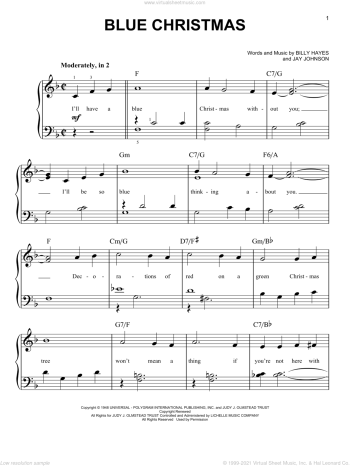 Blue Christmas, (easy) sheet music for piano solo by Elvis Presley, Billy Hayes and Jay Johnson, easy skill level