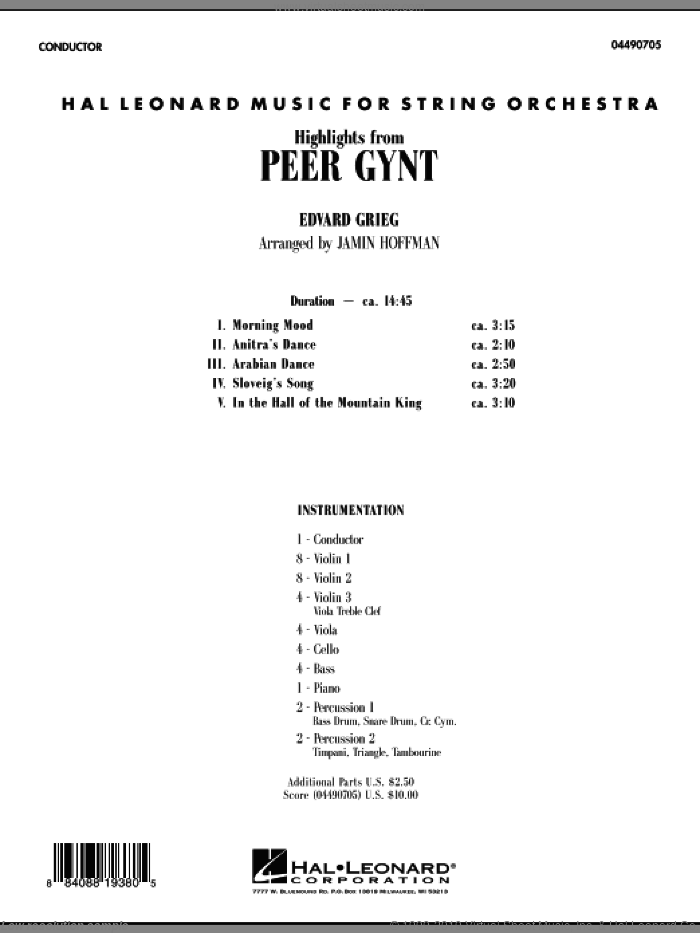 Highlights from Peer Gynt (COMPLETE) sheet music for orchestra by Edvard Grieg and Jamin Hoffman, classical score, intermediate skill level
