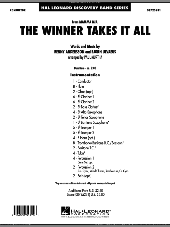 The Winner Takes It All (from 'Mamma Mia!' - The Motion Picture) (COMPLETE) sheet music for concert band by Benny Andersson, ABBA, Bjorn Ulvaeus, Miscellaneous and Paul Murtha, intermediate skill level