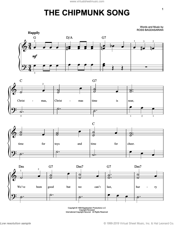 The Chipmunk Song sheet music for piano solo by Alvin And The Chipmunks and Ross Bagdasarian, beginner skill level