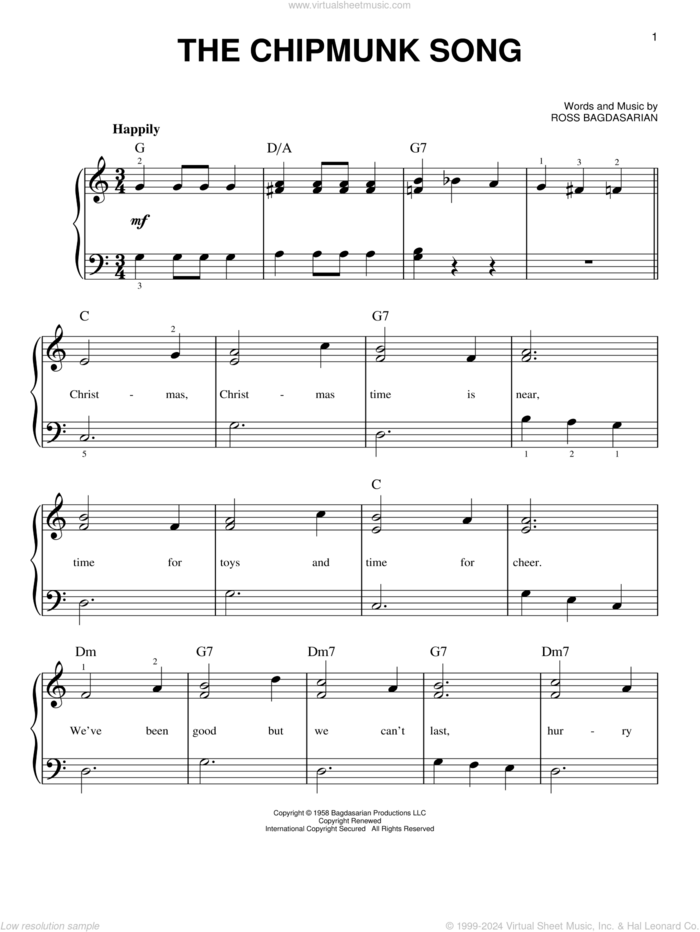 The Chipmunk Song sheet music for piano solo by Alvin And The Chipmunks and Ross Bagdasarian, beginner skill level