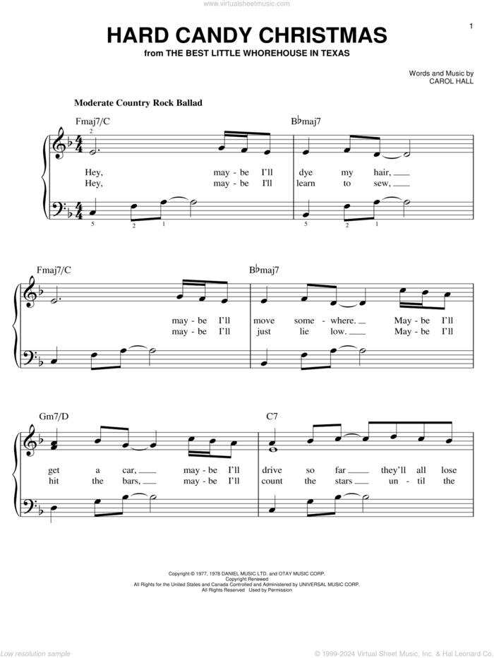 Hard Candy Christmas sheet music for piano solo by Dolly Parton and Carol Hall, easy skill level