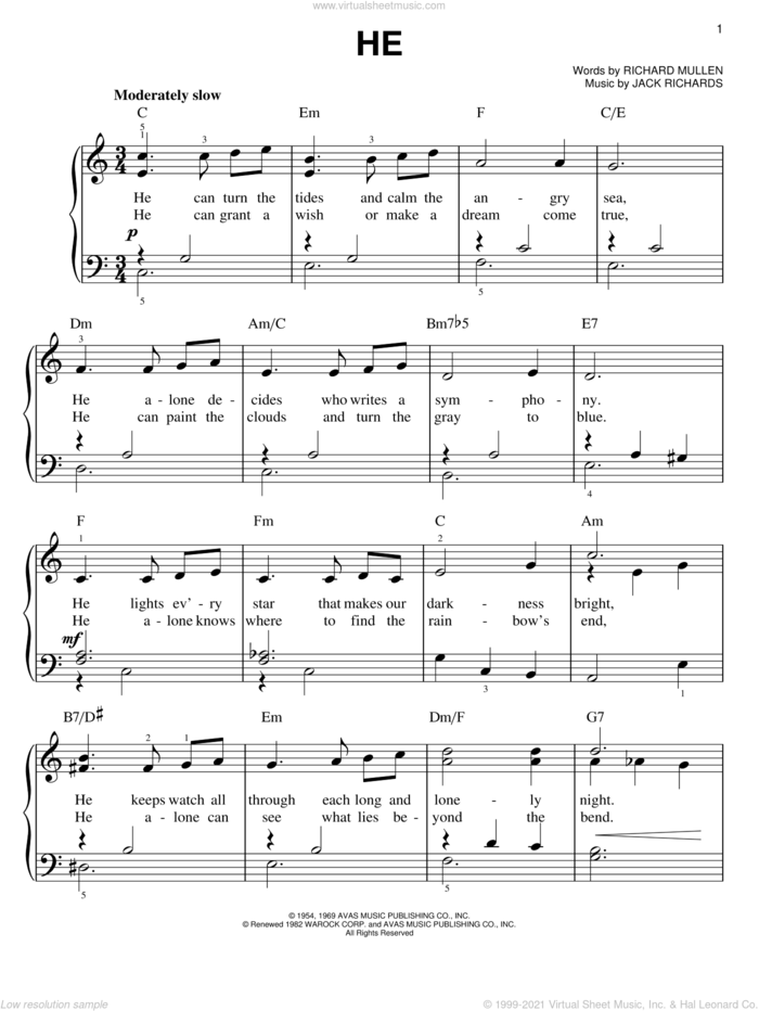 He sheet music for piano solo by Al Hibbler, Jack Richards and Richard Mullen, easy skill level