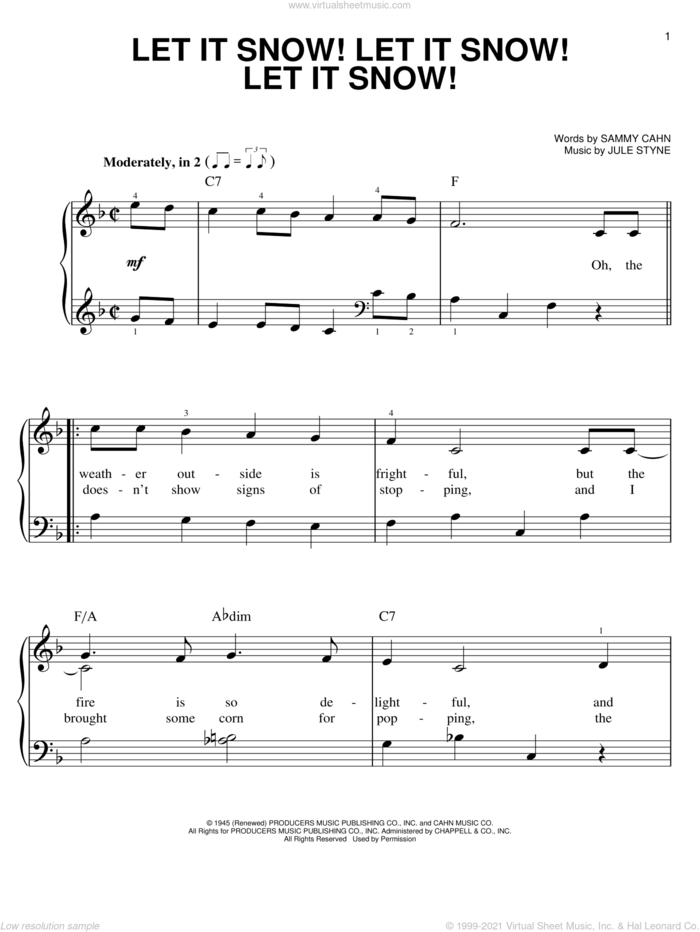 Let It Snow! Let It Snow! Let It Snow!, (easy) sheet music for piano solo by Sammy Cahn and Jule Styne, easy skill level
