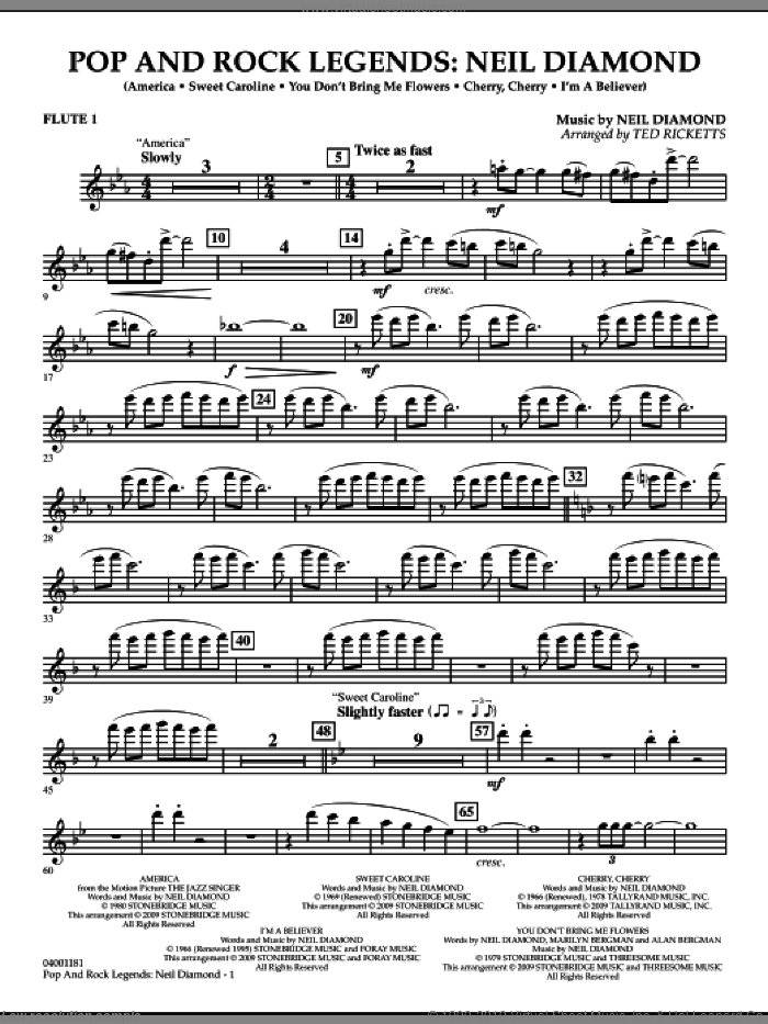Pop and Rock Legends, neil diamond sheet music for concert band (flute 1) by Neil Diamond and Ted Ricketts, intermediate skill level