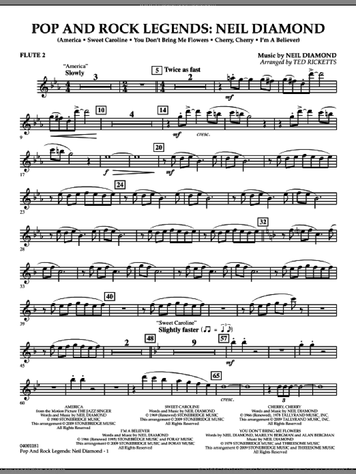 Pop and Rock Legends, neil diamond sheet music for concert band (flute 2) by Neil Diamond and Ted Ricketts, intermediate skill level