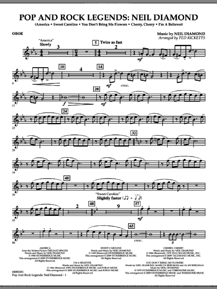 Pop and Rock Legends, neil diamond sheet music for concert band (oboe) by Neil Diamond and Ted Ricketts, intermediate skill level