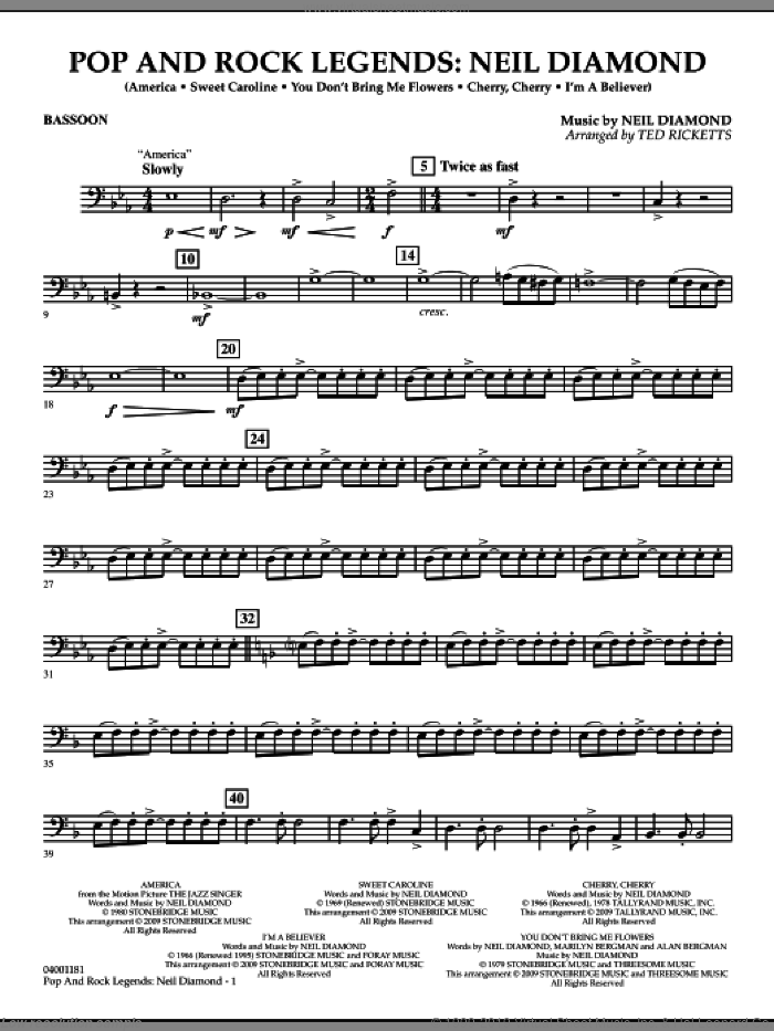 Pop and Rock Legends, neil diamond sheet music for concert band (bassoon) by Neil Diamond and Ted Ricketts, intermediate skill level