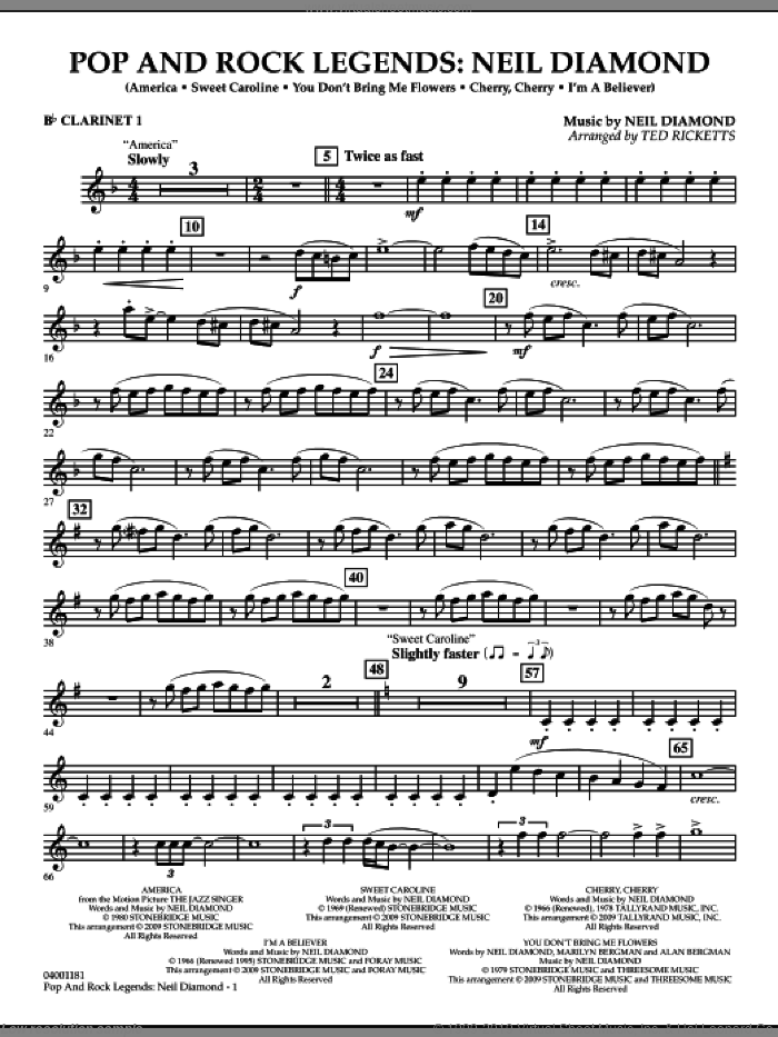 Pop and Rock Legends, neil diamond sheet music for concert band (Bb clarinet 1) by Neil Diamond and Ted Ricketts, intermediate skill level