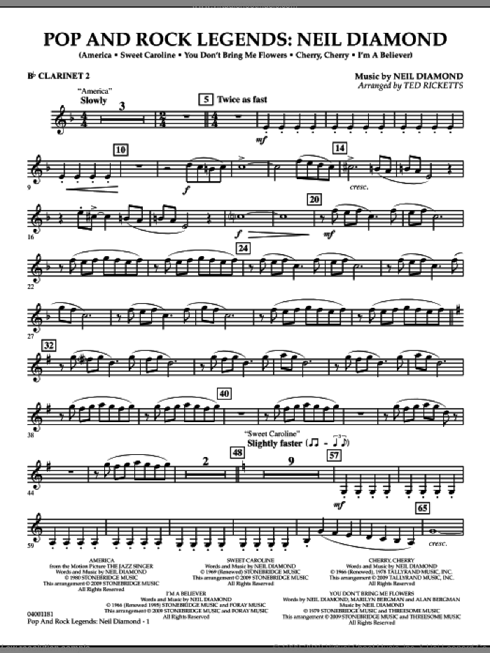 Pop and Rock Legends, neil diamond sheet music for concert band (Bb clarinet 2) by Neil Diamond and Ted Ricketts, intermediate skill level