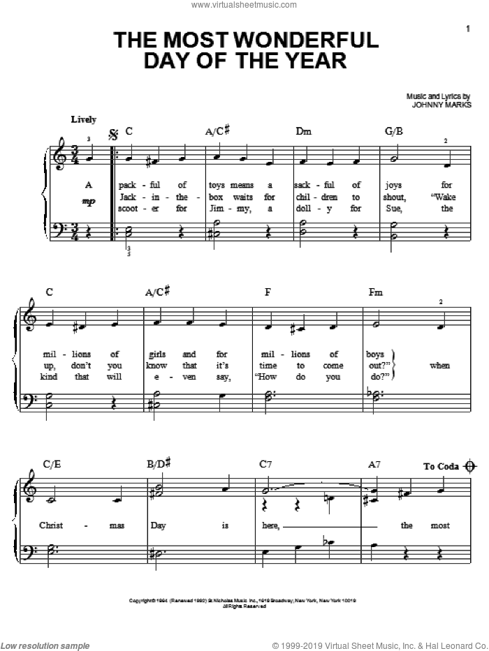 The Most Wonderful Day Of The Year sheet music for piano solo by Burl Ives and Johnny Marks, easy skill level
