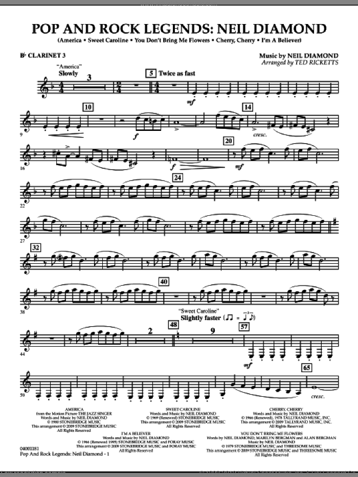 Pop and Rock Legends, neil diamond sheet music for concert band (Bb clarinet 3) by Neil Diamond and Ted Ricketts, intermediate skill level