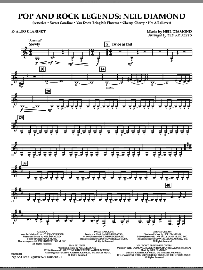 Pop and Rock Legends, neil diamond sheet music for concert band (Eb alto clarinet) by Neil Diamond and Ted Ricketts, intermediate skill level