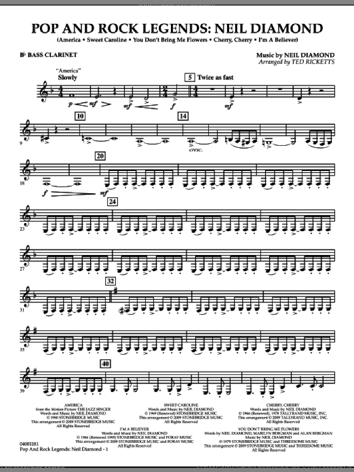 Pop and Rock Legends, neil diamond sheet music for concert band (Bb bass clarinet) by Neil Diamond and Ted Ricketts, intermediate skill level