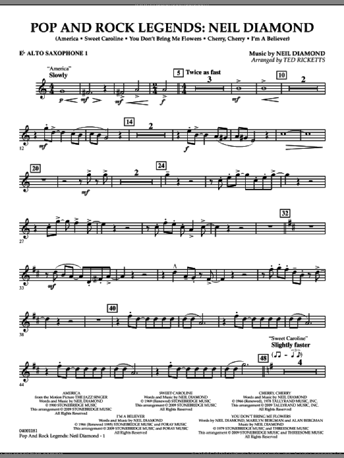 Pop and Rock Legends, neil diamond sheet music for concert band (Eb alto saxophone 1) by Neil Diamond and Ted Ricketts, intermediate skill level