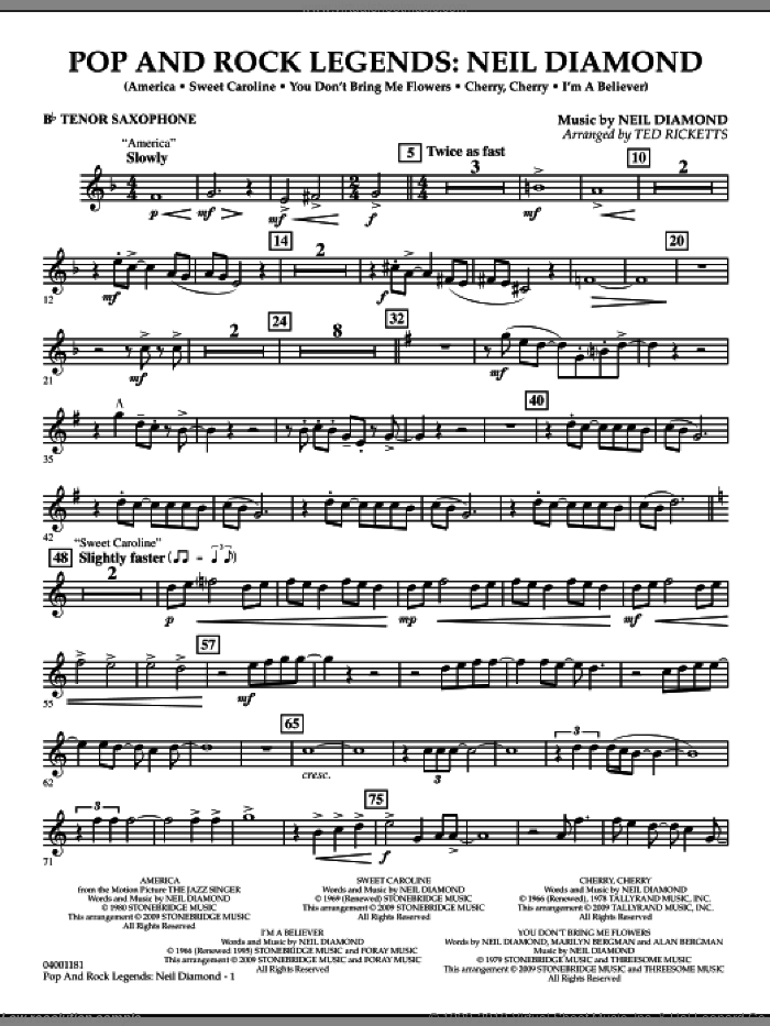 Pop and Rock Legends, neil diamond sheet music for concert band (Bb tenor saxophone) by Neil Diamond and Ted Ricketts, intermediate skill level