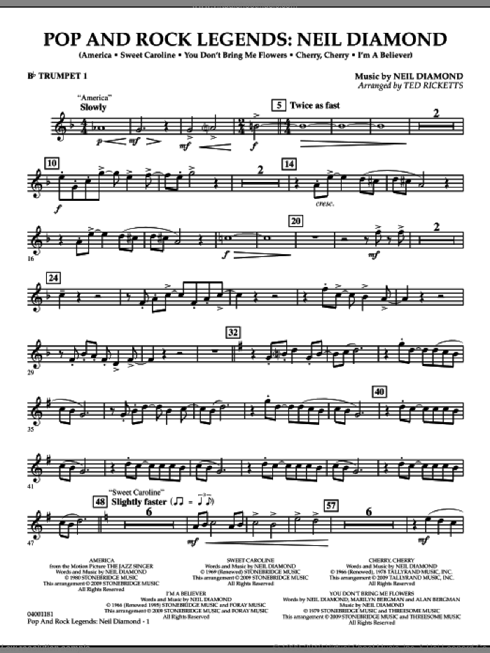 Pop and Rock Legends, neil diamond sheet music for concert band (Bb trumpet 1) by Neil Diamond and Ted Ricketts, intermediate skill level