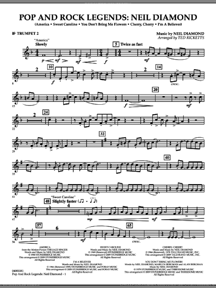 Pop and Rock Legends, neil diamond sheet music for concert band (Bb trumpet 2) by Neil Diamond and Ted Ricketts, intermediate skill level
