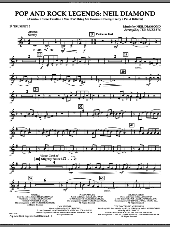Pop and Rock Legends, neil diamond sheet music for concert band (Bb trumpet 3) by Neil Diamond and Ted Ricketts, intermediate skill level