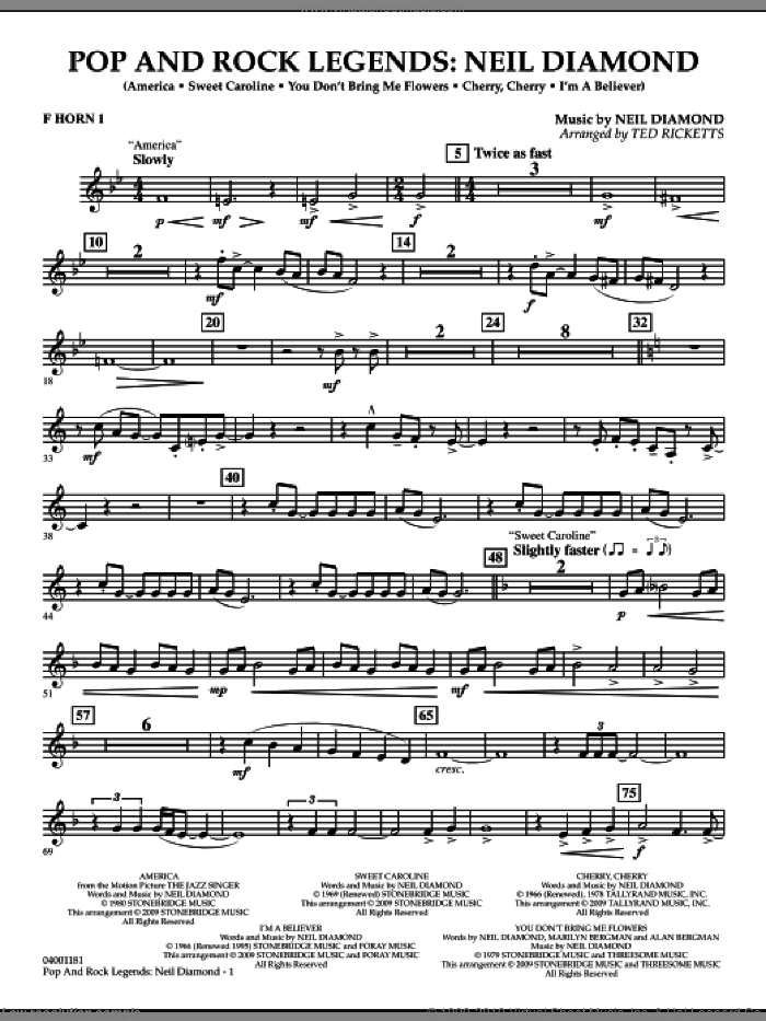 Pop and Rock Legends, neil diamond sheet music for concert band (f horn 1) by Neil Diamond and Ted Ricketts, intermediate skill level