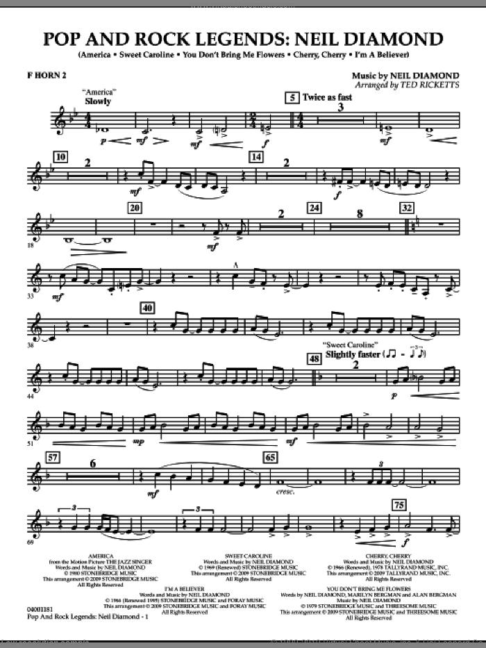 Pop and Rock Legends, neil diamond sheet music for concert band (f horn 2) by Neil Diamond and Ted Ricketts, intermediate skill level