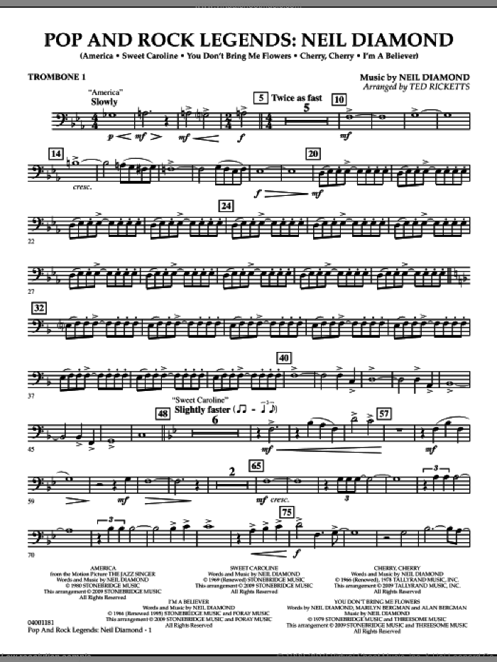 Pop and Rock Legends, neil diamond sheet music for concert band (trombone 1) by Neil Diamond and Ted Ricketts, intermediate skill level